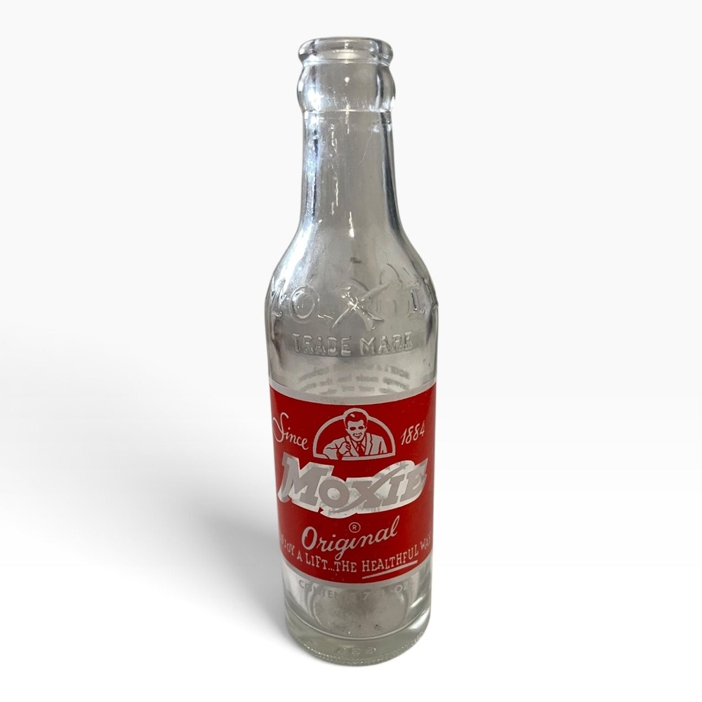 Vintage Moxie Original Soda Pop Bottle Clear Glass 7.5" - Since 1884 Boston MA
